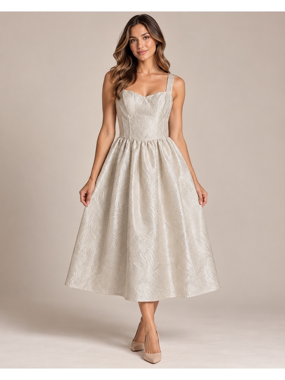 Ivory Silver Jacquard Midi Dress Size 10 NWT Metallic Fit & Flare Formal